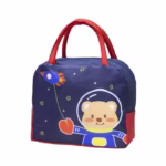 Geanta Termoizolanta pentru Copii, Flippy, 23x13x19 cm, Model Imprimeu Ursulet Astronaut, din Folie de Aluminiu si Panza Oxford, Albastru/Rosu