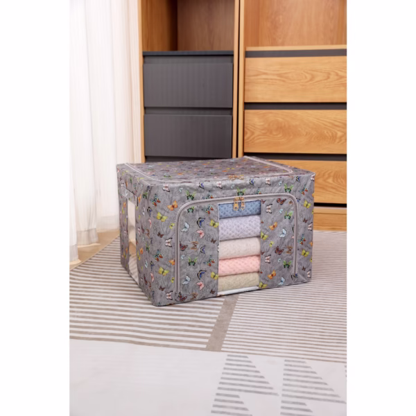 Cutie Depozitare, Flippy, 66L, din Material Textil, 50 x 40 x 33 cm, pentru Haine si Lenjerii, Model Fluturasi, Gri Inchis - imagine 3