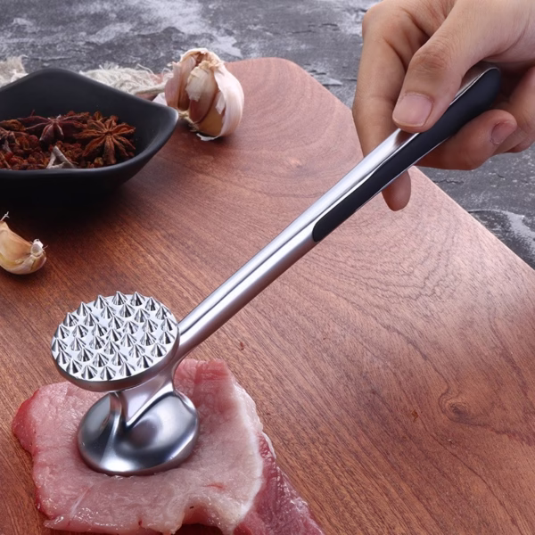 Ciocan pentru snitele si carne Flippy, din aliaj de zinc, maner antialunecare, doua capete, 22 cm, argintiu - imagine 6