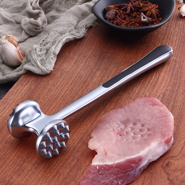 Ciocan pentru snitele si carne Flippy, din aliaj de zinc, maner antialunecare, doua capete, 22 cm, argintiu - imagine 7