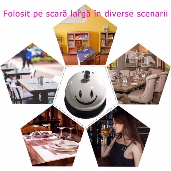 Clopotel Metalic Multifunctional, Flippy, Alb cu Imprimeu Smiley Face, 7.5x7.5x6.5 cm, Receptie, Restaurant, Cafenele - imagine 5