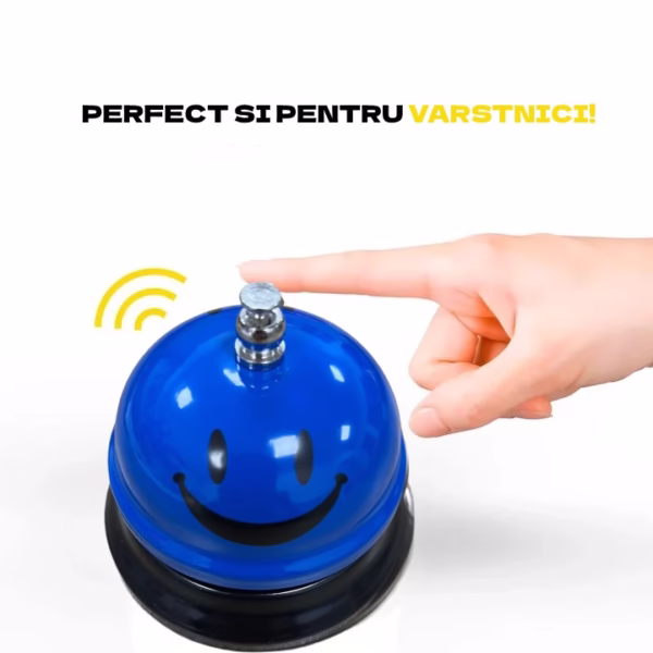 Clopotel Metalic Multifunctional, Flippy, Albastru cu Imprimeu Smiley Face, 7.5x7.5x6.5 cm, Receptie, Restaurant, Cafenele - imagine 4