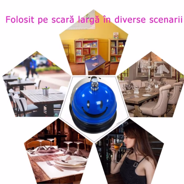 Clopotel Metalic Multifunctional, Flippy, Albastru cu Imprimeu Smiley Face, 7.5x7.5x6.5 cm, Receptie, Restaurant, Cafenele - imagine 5