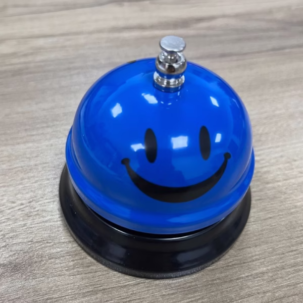 Clopotel Metalic Multifunctional, Flippy, Albastru cu Imprimeu Smiley Face, 7.5x7.5x6.5 cm, Receptie, Restaurant, Cafenele - imagine 7