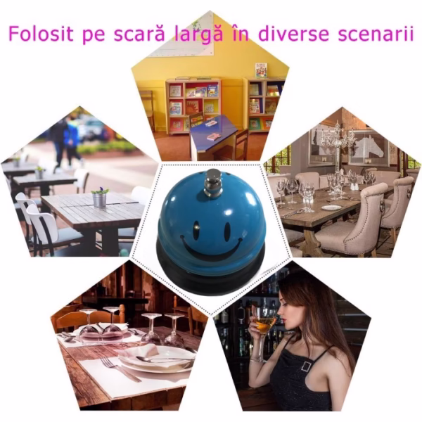 Clopotel Metalic Multifunctional, Flippy, Albastru Deschis cu Imprimeu Smiley Face, 7.5x7.5x6.5 cm, Receptie, Restaurant - imagine 5