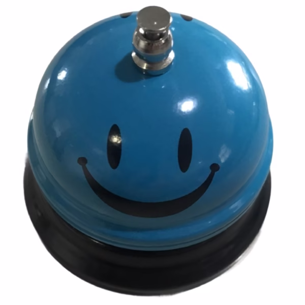 Clopotel Metalic Multifunctional, Flippy, Albastru Deschis cu Imprimeu Smiley Face, 7.5x7.5x6.5 cm, Receptie, Restaurant - imagine 1