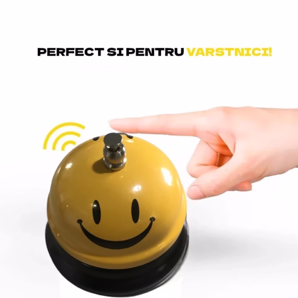 Clopotel Metalic Multifunctional, Flippy, Galben cu Imprimeu Smiley Face, 7.5x7.5x6.5 cm, Receptie, Restaurant, Cafenele - imagine 4