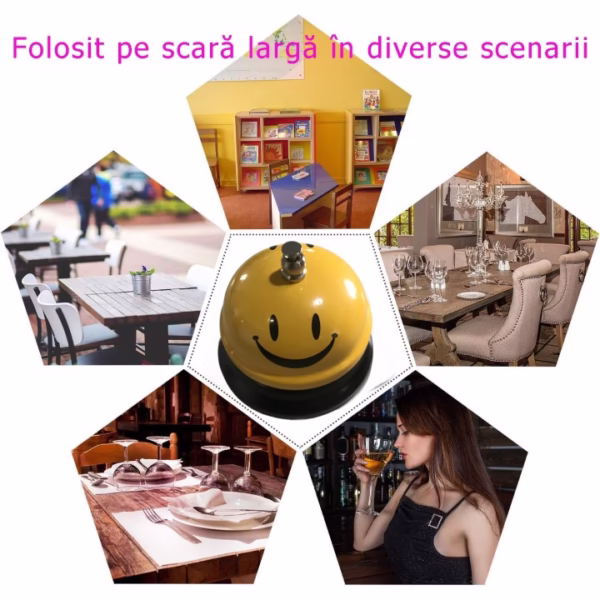 Clopotel Metalic Multifunctional, Flippy, Galben cu Imprimeu Smiley Face, 7.5x7.5x6.5 cm, Receptie, Restaurant, Cafenele - imagine 5