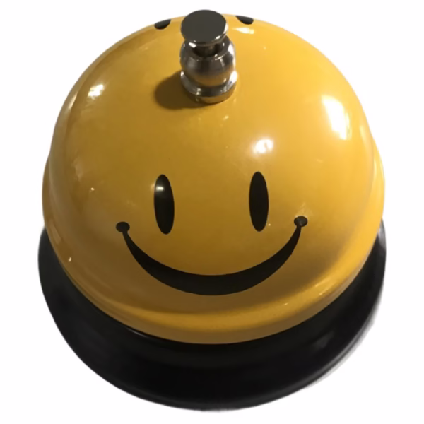 Clopotel Metalic Multifunctional, Flippy, Galben cu Imprimeu Smiley Face, 7.5x7.5x6.5 cm, Receptie, Restaurant, Cafenele - imagine 1