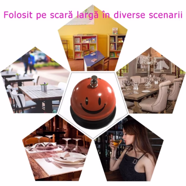 Clopotel Metalic Multifunctional, Flippy, Portocaliu cu Imprimeu Smiley Face, 7.5x7.5x6.5 cm, Receptie, Restaurant, Cafenele - imagine 5