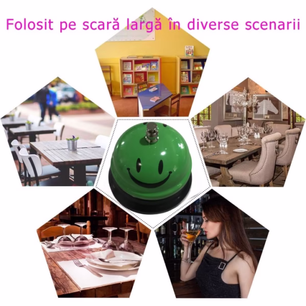 Clopotel Metalic Multifunctional, Flippy, Verde cu Imprimeu Smiley Face, 7.5x7.5x6.5 cm, Receptie, Restaurant, Cafenele - imagine 5