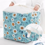 Cos depozitare, Flippy, Capac cu Snur, 175 L, Confectionat din Bumbac si un Strat Impermeabil, 50 x 50 x 70 cm, Albastru Deschis, Imprimeu Flori - imagine 5