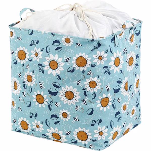 Cos depozitare, Flippy, Capac cu Snur, 175 L, Confectionat din Bumbac si un Strat Impermeabil, 50 x 50 x 70 cm, Albastru Deschis, Imprimeu Flori - imagine 6
