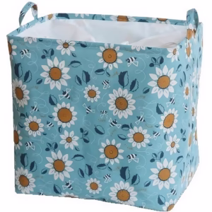Cos depozitare, Flippy, Capac cu Snur, 175 L, Confectionat din Bumbac si un Strat Impermeabil, 50 x 50 x 70 cm, Albastru Deschis, Imprimeu Flori