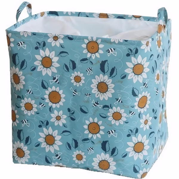 Cos depozitare, Flippy, Capac cu Snur, 175 L, Confectionat din Bumbac si un Strat Impermeabil, 50 x 50 x 70 cm, Albastru Deschis, Imprimeu Flori - imagine 1
