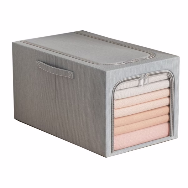 Cutie de Depozitare, Flippy, 56L, din In si Bumbac, Pliabila, Cadru din Otel, 53 x 35 x 30 cm, Albastru Fumuriu - imagine 1