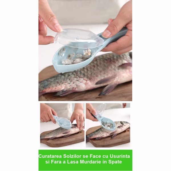 Curatator Manual Solzi de Peste, Flippy, Forma Peste , Recipient cu Capcac pentru Solzi, Plastic, Albastru deschis, 16x6 cm - imagine 2