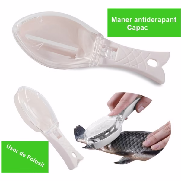 Curatator Manual Solzi de Peste, Flippy, Forma Peste , Recipient cu Capcac pentru Solzi, Plastic, Roz pal, 16x6 cm - imagine 2