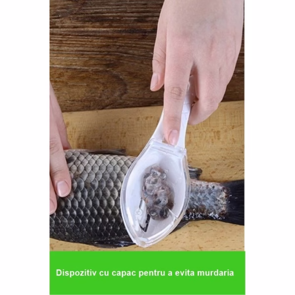 Curatator Manual Solzi de Peste, Flippy, Forma Peste , Recipient cu Capcac pentru Solzi, Plastic, Roz pal, 16x6 cm - imagine 3