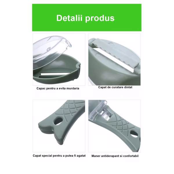 Curatator Manual Solzi de Peste, Flippy, Forma Peste , Recipient cu Capcac pentru Solzi, Plastic, Verde deschis, 16x6 cm - imagine 2