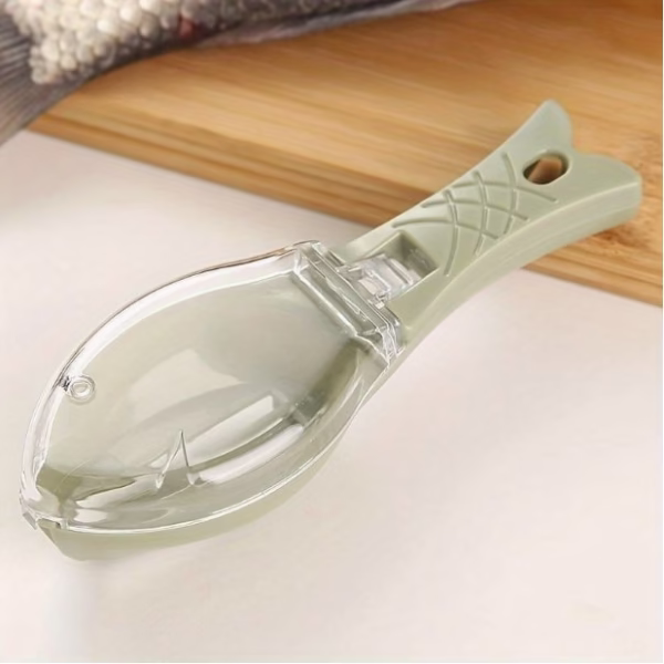 Curatator Manual Solzi de Peste, Flippy, Forma Peste , Recipient cu Capcac pentru Solzi, Plastic, Verde deschis, 16x6 cm - imagine 3