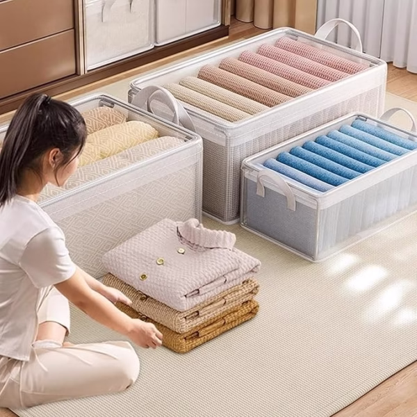 Cutie container de depozitare din PVC, Flippy, de stocare, Dimensiuni multiple, Accesoriu robust pentru organizarea de uz casnic, volum 26L, 47 x 28 x 20 cm, Transparenta - imagine 2