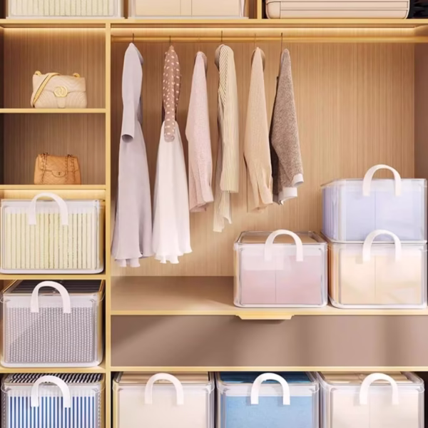 Cutie container de depozitare din PVC, Flippy, de stocare, Dimensiuni multiple, Accesoriu robust pentru organizarea de uz casnic, volum 26L, 47 x 28 x 20 cm, Transparenta - imagine 3