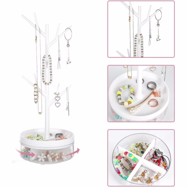 Cutie de Bijuterii, Flippy, Rotativa, cu Suport Tip Ramura, 36.5 x 14 cm, din ABS+PP, Alb - imagine 7