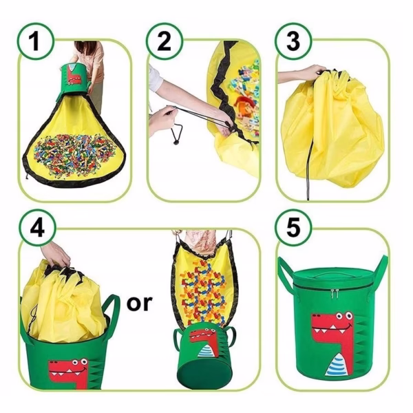 Cutie de Depozitare 2In1, Flippy, Impermeabila, Covor pentru Jucarii si Lego 150cm, Capacitate Mare, cu Manere, cu Sfori, Inaltime 40cm, Model Crocodil, Verde - imagine 3