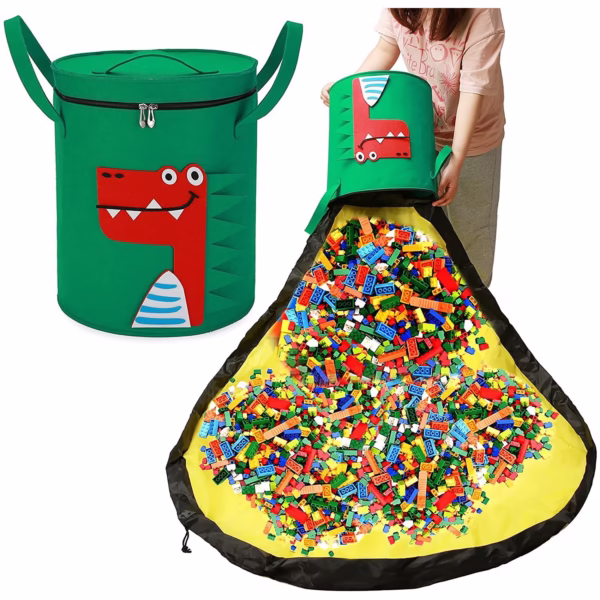 Cutie de Depozitare 2In1, Flippy, Impermeabila, Covor pentru Jucarii si Lego 150cm, Capacitate Mare, cu Manere, cu Sfori, Inaltime 40cm, Model Crocodil, Verde - imagine 4