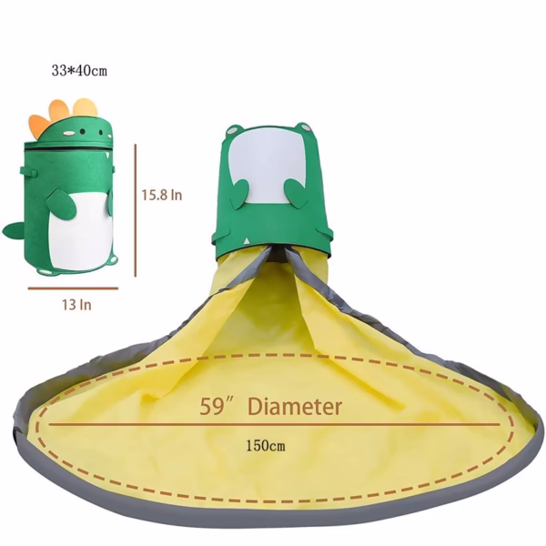Cutie de Depozitare 2In1, Flippy, Impermeabila, Covor pentru Jucarii si Lego 150cm, Capacitate Mare, cu Manere, cu Sfori, Inaltime 40cm, Model Dinozaur, Verde - imagine 3