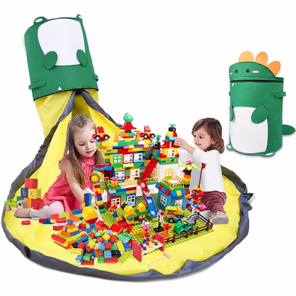 Cutie de Depozitare 2In1, Flippy, Impermeabila, Covor pentru Jucarii si Lego 150cm, Capacitate Mare, cu Manere, cu Sfori, Inaltime 40cm, Model Dinozaur, Verde - imagine 4