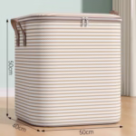 Cutie de Depozitare cu Fermoar, Flippy, Pliabila, Maner Ranforsat, Fermoar Rezistent, pentru Haine, Paturi, Plapume, Perne, Lenjerii de Pat, Jucarii, 50x40x50 cm, 100 Litri, in Dungi, Bej - imagine 2