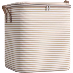 Cutie de Depozitare cu Fermoar, Flippy, Pliabila, Maner Ranforsat, Fermoar Rezistent, pentru Haine, Paturi, Plapume, Perne, Lenjerii de Pat, Jucarii, 56x45x56 cm, 150 Litri, in Dungi, Bej