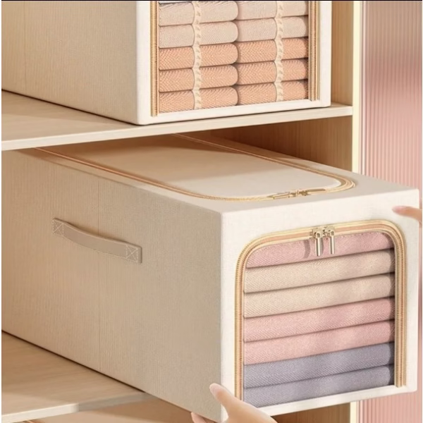 Cutie de Depozitare, Flippy, 49L, din In si Bumbac, Pliabila, Cadru din Otel, 47 x 35 x 30 cm, Kaki - imagine 3