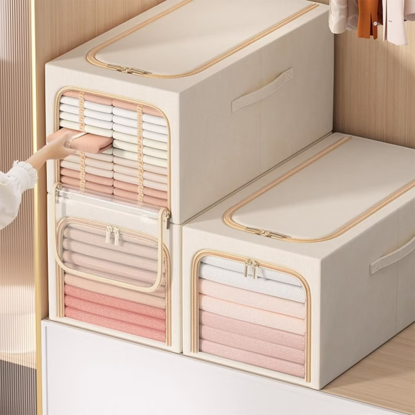 Cutie de Depozitare, Flippy, 49L, din In si Bumbac, Pliabila, Cadru din Otel, 47 x 35 x 30 cm, Kaki - imagine 6