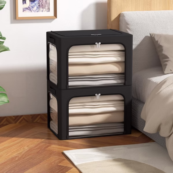 Cutie de Depozitare, Flippy, cu 3 Ferestre cu Fermoar Bidirectional, Cadru din Otel, Impermeabil, 38L, 42 x 30 x 30 cm, Negru - imagine 4