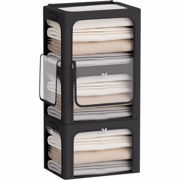 Cutie de Depozitare, Flippy, cu 3 Ferestre cu Fermoar Bidirectional, Cadru din Otel, Impermeabil, 38L, 42 x 30 x 30 cm, Negru - imagine 5