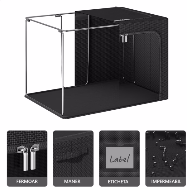 Cutie de Depozitare, Flippy, cu 3 Ferestre cu Fermoar Bidirectional, Cadru din Otel, Impermeabil, 38L, 42 x 30 x 30 cm, Negru - imagine 6
