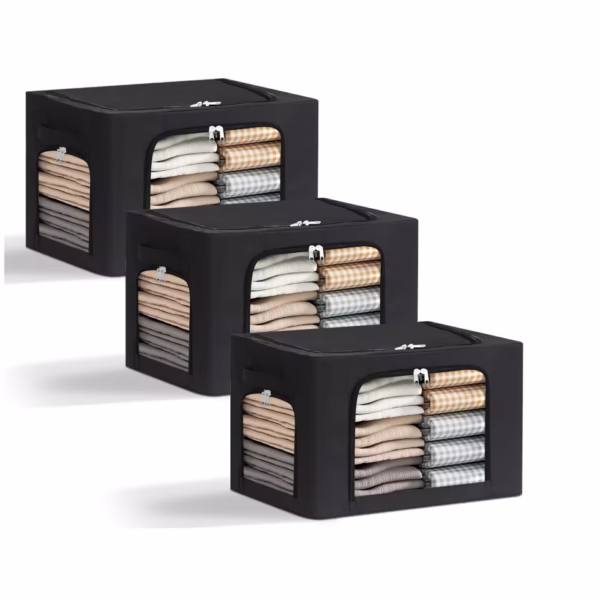 Cutie de Depozitare, Flippy, cu 3 Ferestre cu Fermoar Bidirectional, Cadru din Otel, Impermeabil, 38L, 42 x 30 x 30 cm, Negru - imagine 8