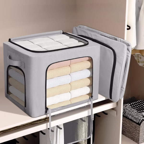 Cutie de Depozitare, Flippy, cu 3 Ferestre cu Fermoar Bidirectional, Cadru din Otel, Impermeabil, 38L, 42 x 30 x 30 cm, Gri - imagine 3