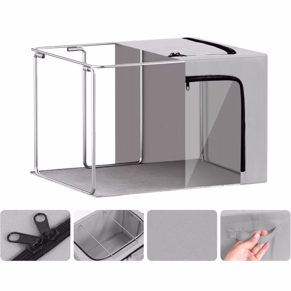 Cutie de Depozitare, Flippy, cu 3 Ferestre cu Fermoar Bidirectional, Cadru din Otel, Impermeabil, 38L, 42 x 30 x 30 cm, Gri - imagine 4