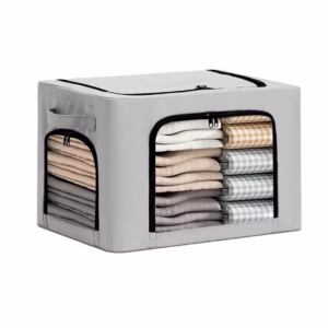 Cutie de Depozitare, Flippy, cu 3 Ferestre cu Fermoar Bidirectional, Cadru din Otel, Impermeabil, 38L, 42 x 30 x 30 cm, Gri