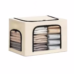 Cutie de Depozitare, Flippy, cu 3 Ferestre cu Fermoar Bidirectional, Cadru din Otel, Impermeabil, 38L, 42 x 30 x 30 cm, Bej
