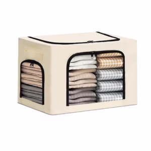 Cutie de Depozitare, Flippy, cu 3 Ferestre cu Fermoar Bidirectional, Cadru din Otel, Impermeabil, 38L, 42 x 30 x 30 cm, Bej
