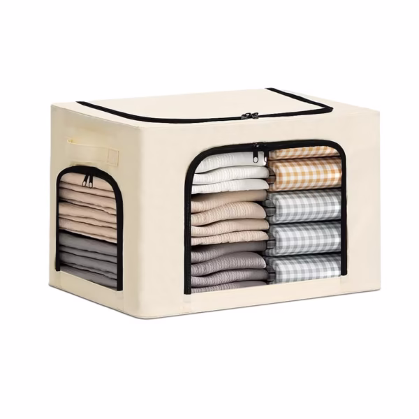 Cutie de Depozitare, Flippy, cu 3 Ferestre cu Fermoar Bidirectional, Cadru din Otel, Impermeabil, 38L, 42 x 30 x 30 cm, Bej - imagine 1