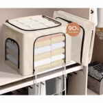 Cutie de Depozitare, Flippy, cu 3 Ferestre cu Fermoar Bidirectional, Cadru din Otel, Impermeabil, 38L, 42 x 30 x 30 cm, Bej - imagine 4