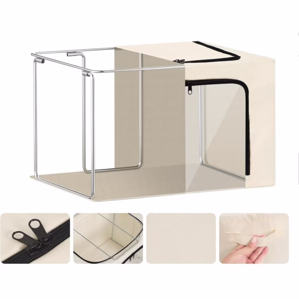 Cutie de Depozitare, Flippy, cu 3 Ferestre cu Fermoar Bidirectional, Cadru din Otel, Impermeabil, 38L, 42 x 30 x 30 cm, Bej - imagine 5