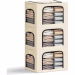 Cutie de Depozitare, Flippy, cu 3 Ferestre cu Fermoar Bidirectional, Cadru din Otel, Impermeabil, 38L, 42 x 30 x 30 cm, Bej - imagine 6
