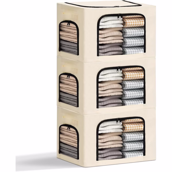 Cutie de Depozitare, Flippy, cu 3 Ferestre cu Fermoar Bidirectional, Cadru din Otel, Impermeabil, 38L, 42 x 30 x 30 cm, Bej - imagine 6